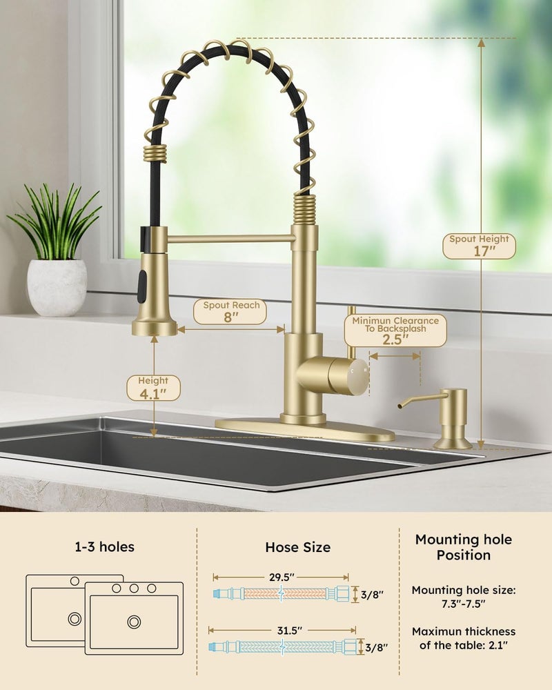 Arofa Kitchen Faucet with Soap Dispenser, Gold Stainless Steel Kitchen Sink Faucets with Pull-Down Sprayer 2 Mode, High Arc Modern Spring Faucet for 1 or 3 Hole, RV & Bathroom Faucets with Sprayer - Image 3